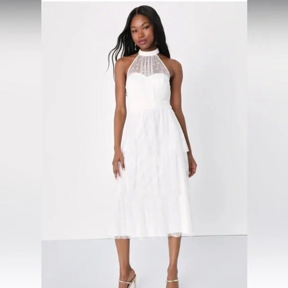 NWT Lulus Positively Precious White Floral Mesh Tiered Halter Midi Dress - Picture 3 of 6
